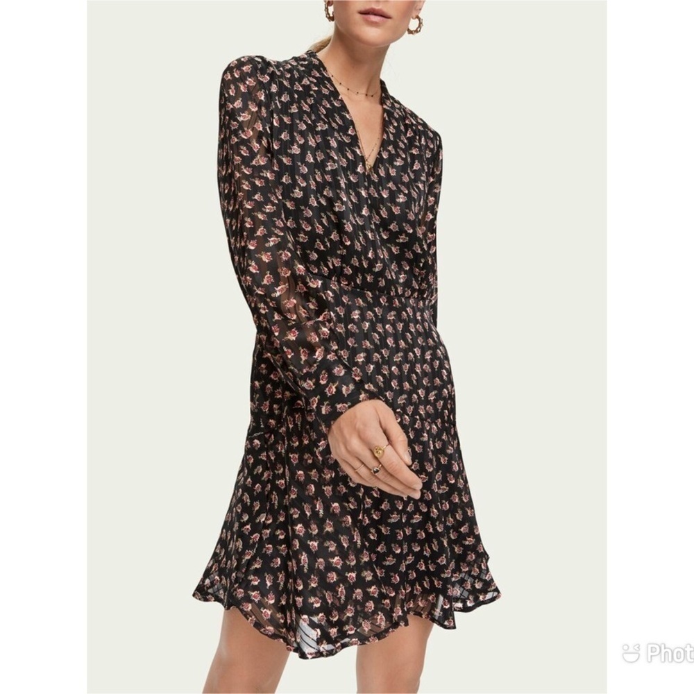 Scotch & Soda Long Sleeve V Neck Print Black Pink Floral Mini Dress Sz L